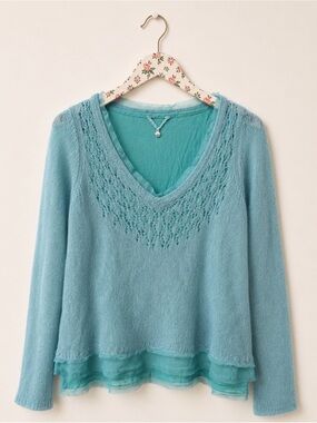 Anthropologie Knitted & Knotted Alpaca Lace Knit Chiffon V-Neck Sweater Small